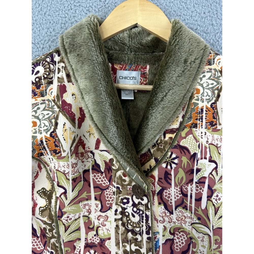 Chico's Vintage Paisley Print Faux Fur Lined Coat Jacket Boho Art To Wear Size 1 - Picture 2 of 11